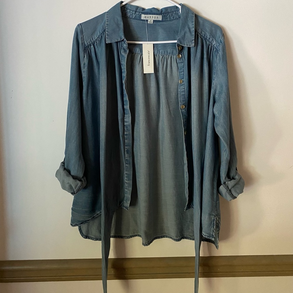 Harper denim button down tie top